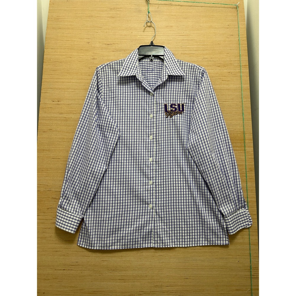 Foxcroft‎ LSU Tigers Gingham Button Down Shirt Purple White Womens Large NCAA